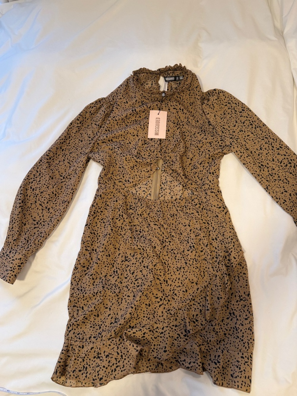 Missguided Tan and Black Spotted Ruffle Neck Dress